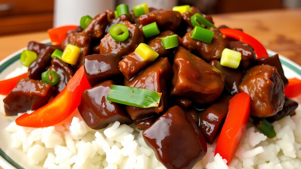 Savory Beef with Black Bean Sauce Stir-Fry A plate of Beef with Black Bean Sauce served with colorful bell peppers and garnished with green onions over rice.